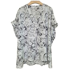Joie Linen V-Neck Floral Leaf Print Short Sleeve Top Sz 2X Beachy Casual Coastal